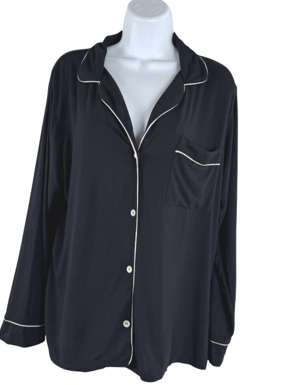 Eberjey Pajama Shirt Top Small Black White Trim Long Sleeve Modal Blend TP-3972